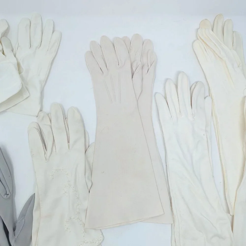 Vintage Antique Gloves White Black Gray Wrist Long 8 Pairs